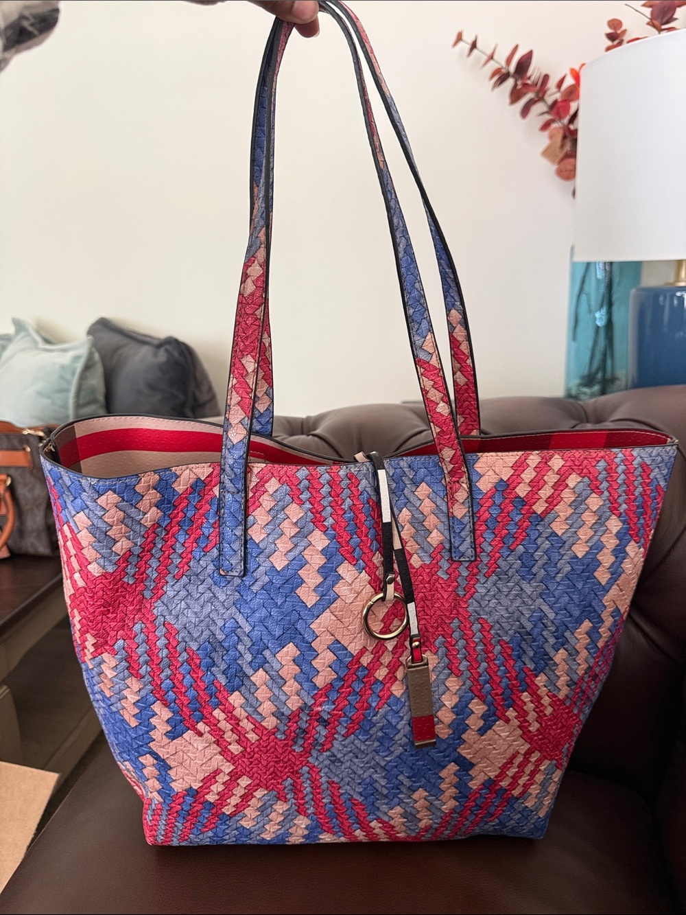 Multicolor Woven-Pattern Tote Bag in Red, Blue & Pink